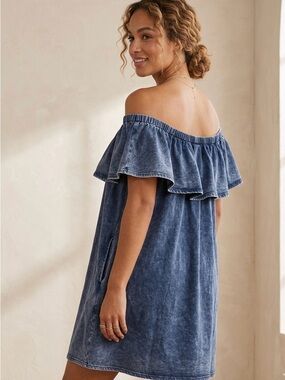 Umgee Boho Mineral Wash Blue Off the Shoulder Ruffle Mini Dress with Pockets M